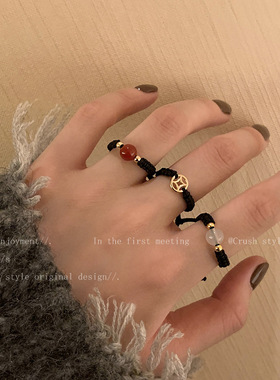 相思红豆~玛瑙编织绳戒指女中国风时尚个性指环复古网红情侣尾戒