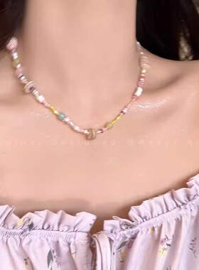 春日手作~彩色串珠天然石项链女时尚清新气质锁骨链甜妹百搭配饰