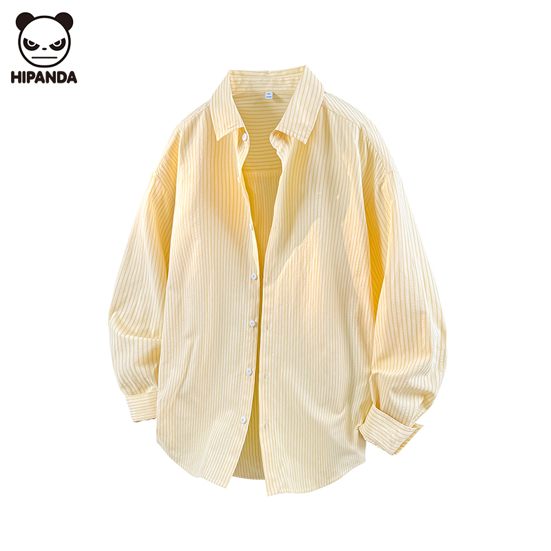 Hi Panda长袖衬衫情侣款条纹休闲长袖宽松慵懒上衣设计感衬衫外套 - 图1