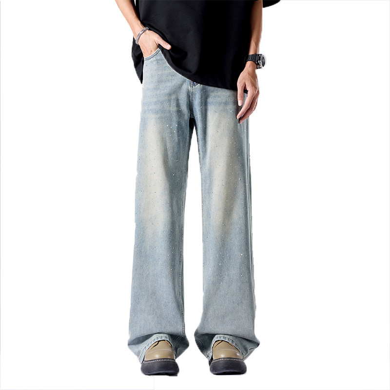 Hi Panda牛仔裤男新款夏季美式烫钻直筒裤百搭宽松高街潮牌阔腿裤,淘宝优惠券,粉丝福利购,淘宝优惠卷