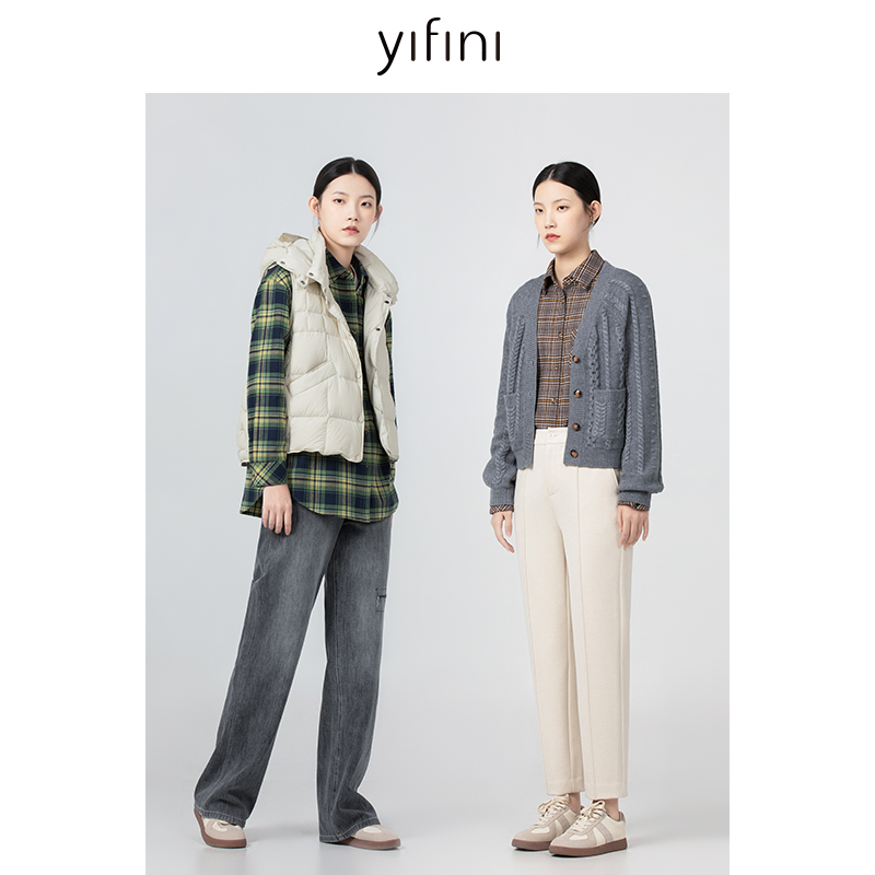Yifini/易菲100%纯棉格纹学院风百搭衬衫女冬季新款休闲外套