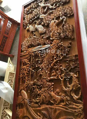 手工松鹤延年壁挂东阳木雕定制