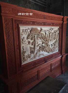 红花梨手工屏风松鹤延年东阳木雕