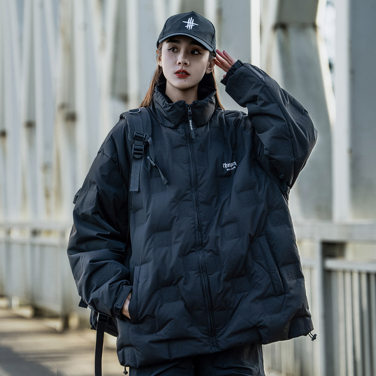 小彬国潮菱形格轻薄百搭羽绒服男女冬季宽松保暖90白鸭绒连帽外套 - 图0