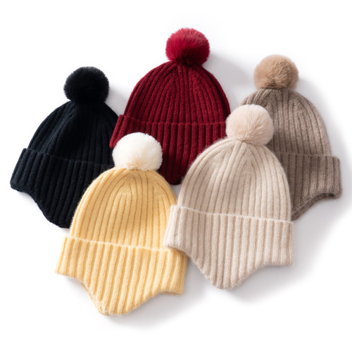 冬季100%纯羊绒儿童帽子保暖雷锋帽宝宝针织毛线帽女童护耳帽男童 - 图0