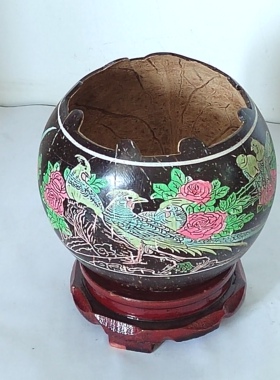 海南特色椰壳椰雕画储物罐生日礼品摆件手工实用手绘笔筒家居装饰