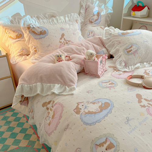 可爱猫咪秋冬加厚牛奶绒四件套卡通ins保暖床单被套荷叶边2.0床品 - 图0