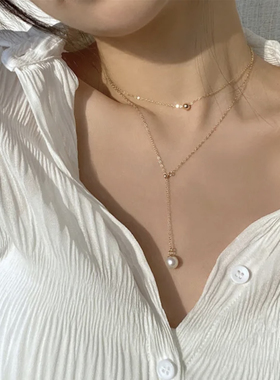 MINI BLOOM 可调节8mm天然珍珠Y字链项链女锁骨链美国进口14K包金