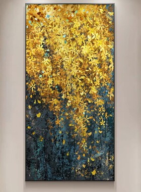 发财树手绘油画入户玄关装饰画大芬村油画迎春花客厅走廊过道挂画