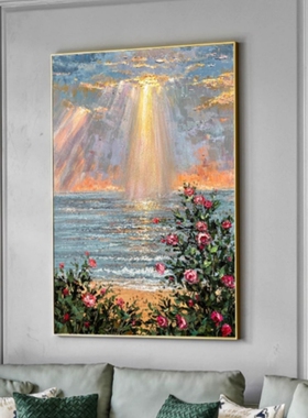 手绘油画北欧奶油风客厅沙发背景墙海景玫瑰花装饰画竖版玄关挂画