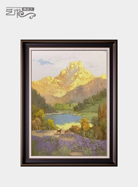 日照金山聚宝盆手绘高级感油画中古风鹿风景入户玄关客厅装饰画