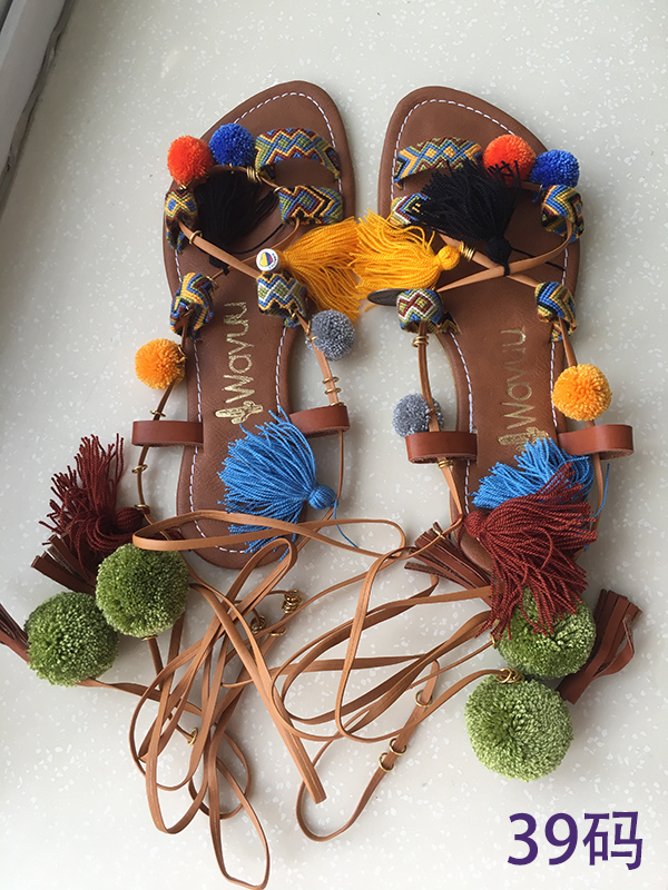 哥仑比亚WAYUU部落手工编织绑带波米罗马风格民族球球凉鞋 - 图1