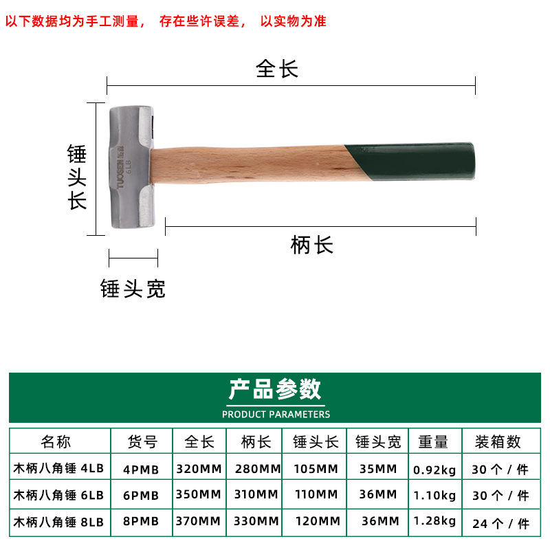 木柄八角锤头铁锤石工锤木工铁榔头长方型建筑锤4磅6磅8磅工业级 - 图1