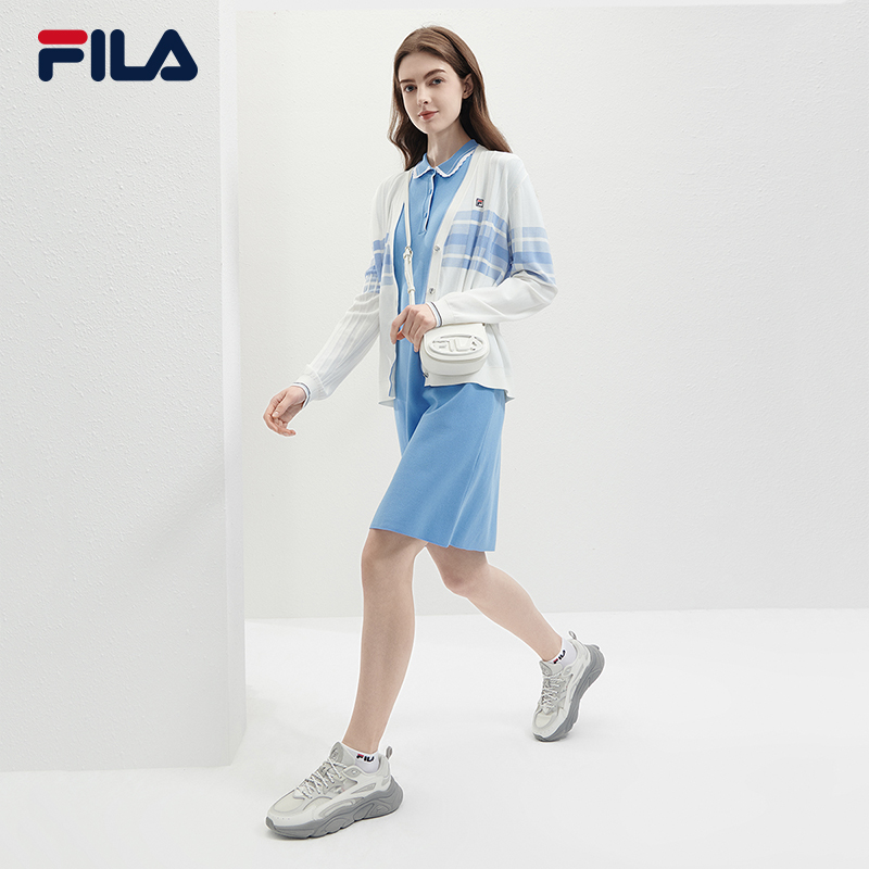 FILA 斐乐官方女士编织外套2024夏季新款时尚休闲蓝格子大V领开衫 - 图2