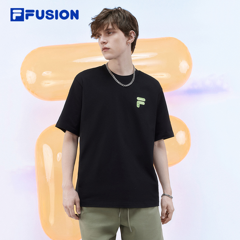 FILA FUSION斐乐潮牌情侣款针织短袖T男2024夏新款多彩纯棉T恤女