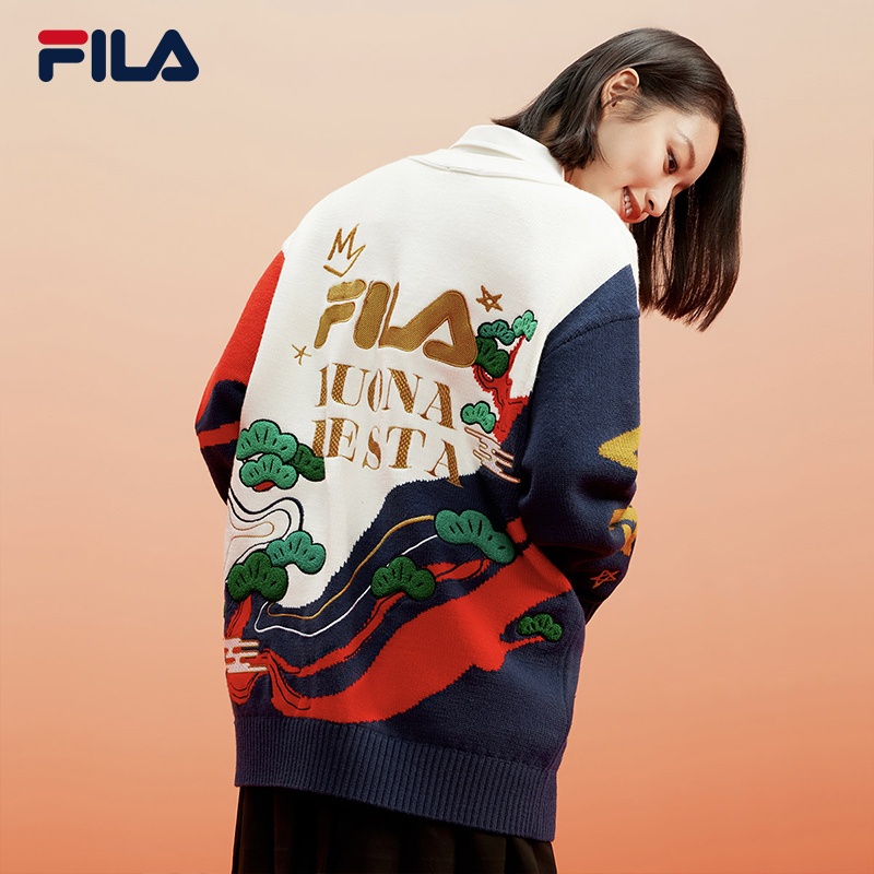 【杨幂同款】FILA 斐乐官方龘龘龙新年款女编织外套2024开衫毛衣