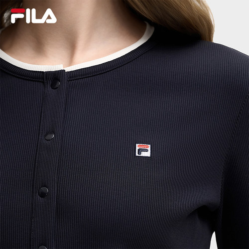 FILA 斐乐官方长袖T恤女2025冬新款拼色假两件休闲修身打底亨利衫 - 图3