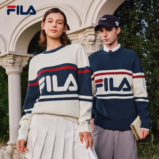 FILA 斐乐官方情侣编织衫女冬季新款休闲撞色套头长袖毛衣男上衣
