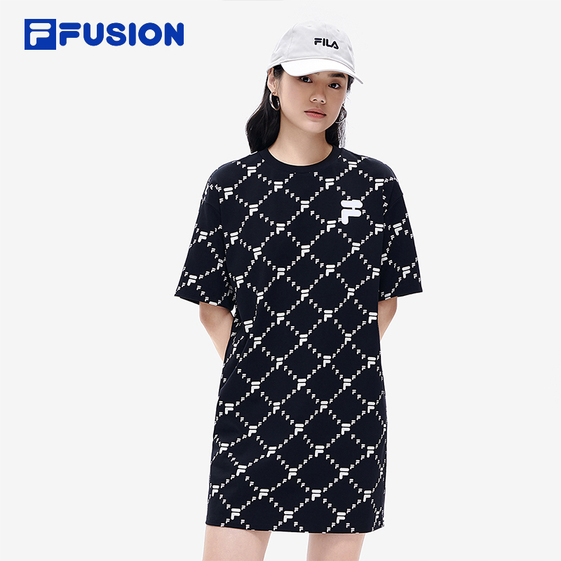 FILA FUSION 斐乐潮牌连衣裙女老花满印圆领运动休闲宽松显瘦裙子