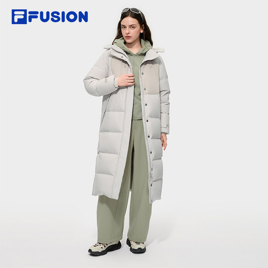FILA FUSION斐乐潮牌长款鹅绒羽绒服女2025冬季新款保暖连帽外套