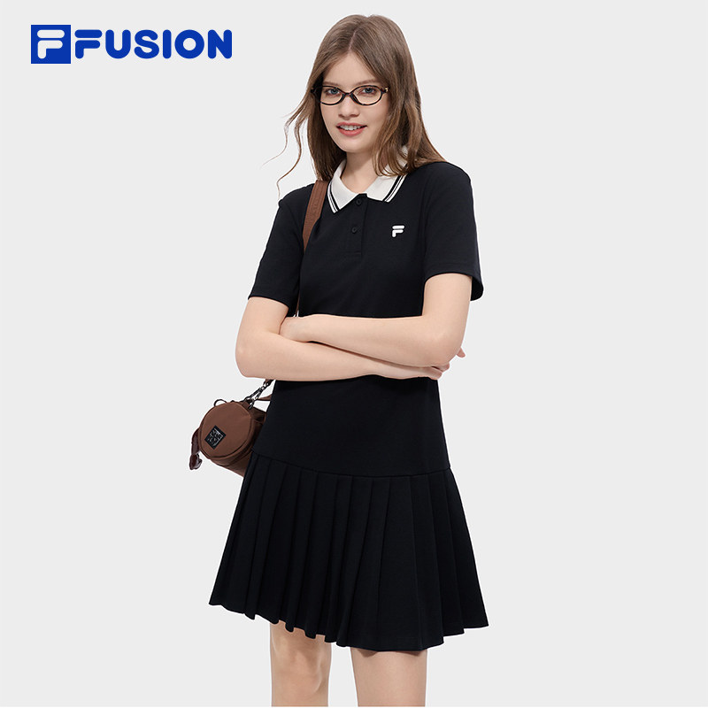 百褶裙|FILA FUSION斐乐潮牌女子针织连衣裙2026夏新款宽松POLO裙