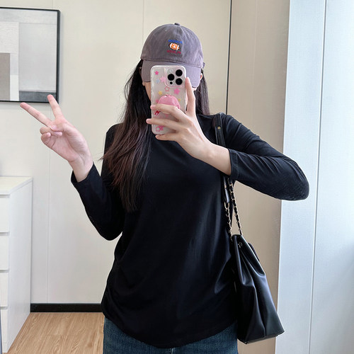 COCO微胖大码女装遮肚子纯色长袖T恤女早秋胖mm200斤显瘦休闲上衣 - 图2