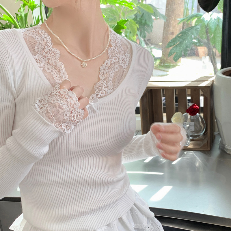 黄色蕾丝边针织打底衫女内搭2025春秋季新款低圆领毛衣设计感上衣,淘宝优惠券,粉丝福利购,淘宝优惠卷