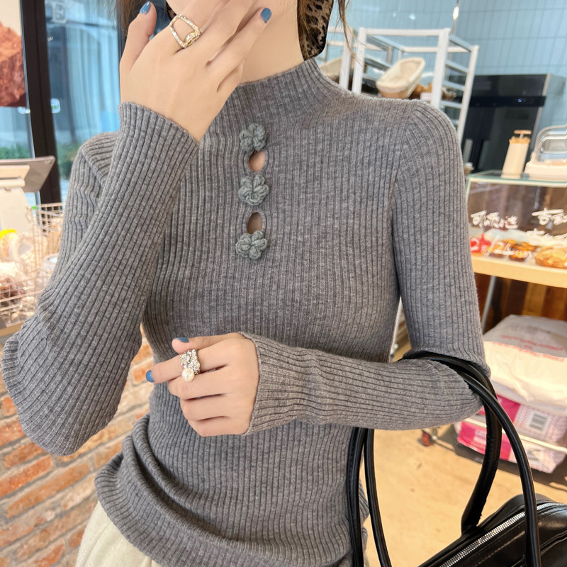 灰色半高领针织打底衫女秋冬2025新款修身显瘦毛衣内搭设计感上衣,淘宝优惠券,粉丝福利购,淘宝优惠卷