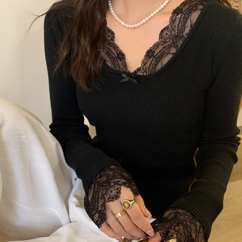 黄色蕾丝边针织打底衫女内搭2025春秋季新款低圆领毛衣设计感上衣,淘宝优惠券,粉丝福利购,淘宝优惠卷