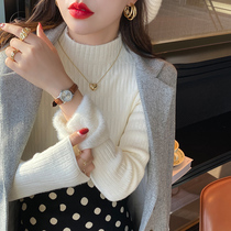 Autumn-winter plus fluffy coat women beating undershirt half high collar thickened warm inner lap integrated water mink knit white blouses