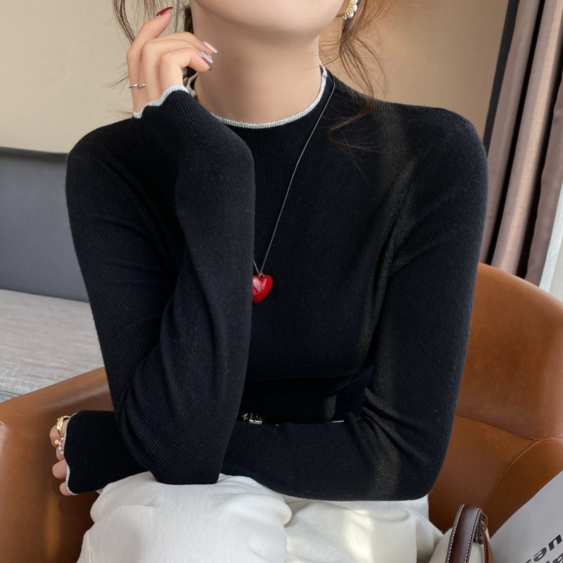 灰色针织半高领木耳边打底衫女内搭2025秋冬新款修身毛衣气质上衣 - 图1