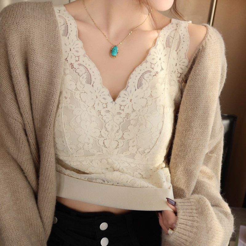 德绒加绒蕾丝吊带背心女2025秋冬新款带胸垫一体内搭打底保暖上衣,淘宝优惠券,粉丝福利购,淘宝优惠卷