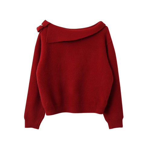 韩版北极绒斜领蝴蝶结装饰一字领套头针织衫宽松显瘦毛衣女11085 - 图3