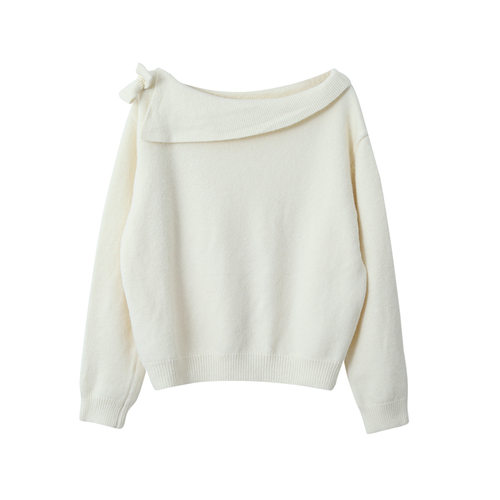 韩版北极绒斜领蝴蝶结装饰一字领套头针织衫宽松显瘦毛衣女11085 - 图0