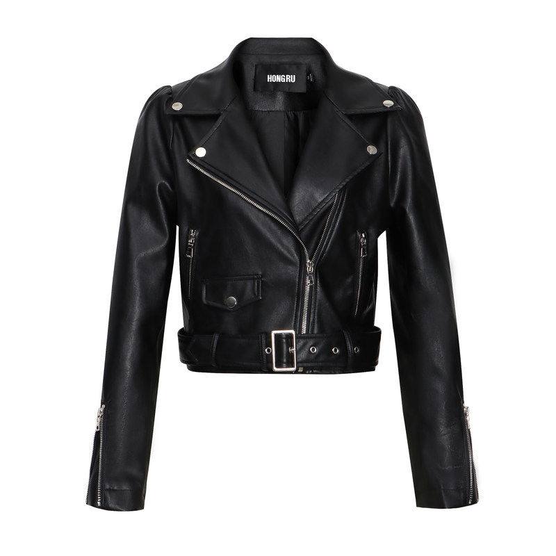 洪茹2020秋季新款pu短款修身皮夹克 honru皮衣