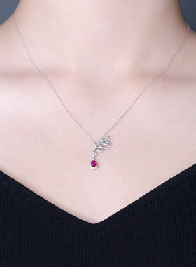 新款仿真鸽血红宝石锁骨链镀18K金锆石镶嵌pt950树叶羽毛项链吊坠