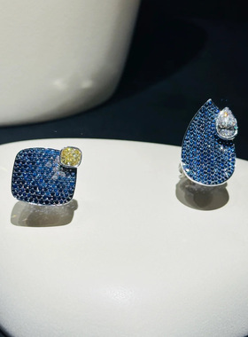 H家高级珠宝设计款光影游戏蓝宝石渐变黄钻鸡尾酒戒指轻奢女戒