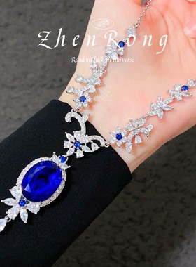 925银针蓝色花园坦桑蓝项链高级感戒指首饰套装蓝宝石耳钉粉钻