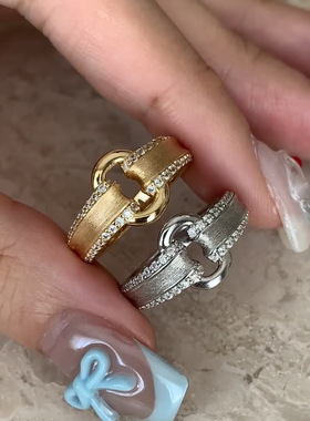 vintage小众复古手工拉丝编织麦穗戒指简约百搭锁扣元宝指环女戒