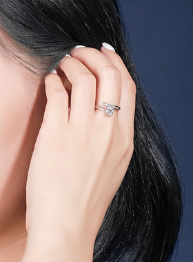 s925纯银四爪戒指女rings时尚OL韩版开口镶钻锆石指环首饰