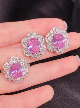 925银轻奢活口戒指彩宝套装海蓝色托帕石阿盖尔粉钻戒指耳钉女