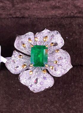 小红书推荐高级定制彩宝开口女戒 微镶满钻仿祖母绿花朵活口戒指