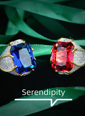 直播新款仿真红宝石祖母绿锆石皇家蓝宝石戒指 重工双色金彩宝女