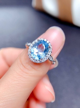网红直播福利款仿天然天空蓝托帕石戒指 超闪高碳钻蛋形女戒