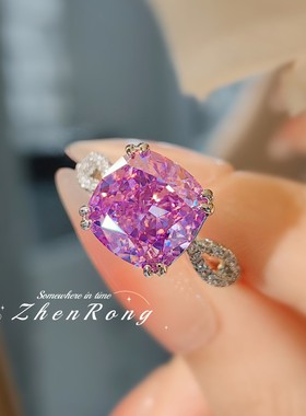 轻奢气质绸缎紫色冰花切戒指简约百搭镶嵌紫锂辉高碳钻肥正方