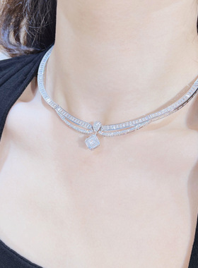 抖音网红lulu同款重工轻奢T方钻项链璀璨满天星高碳钻颈链choker