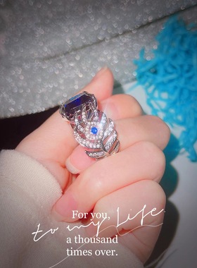 小红书推荐仿天然皇家蓝戒指大克拉仿真祖母绿肥方彩宝开口戒指女