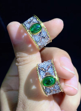 法式复古织纹雕金手工拉丝开口戒指镶嵌仿天然哥伦比亚祖母绿指环