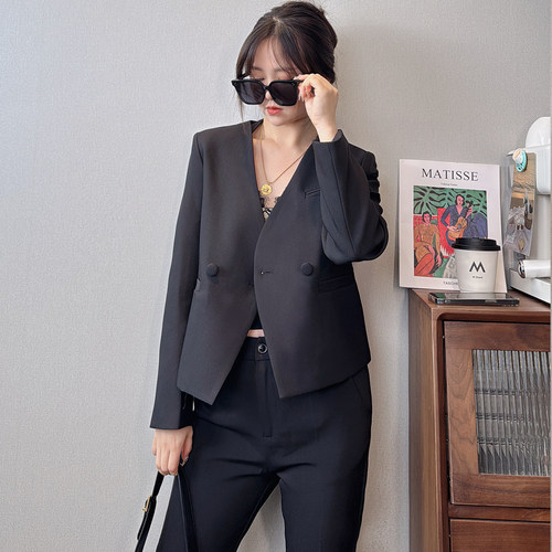 春秋款新小西装外套女短款V领韩版款修身显瘦小个子百搭西服上衣 - 图1