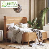 Nordic Solid Wood Bed Rattan 1 8 m Double beds Hotel Minjuku-style Inwind rattan art bed